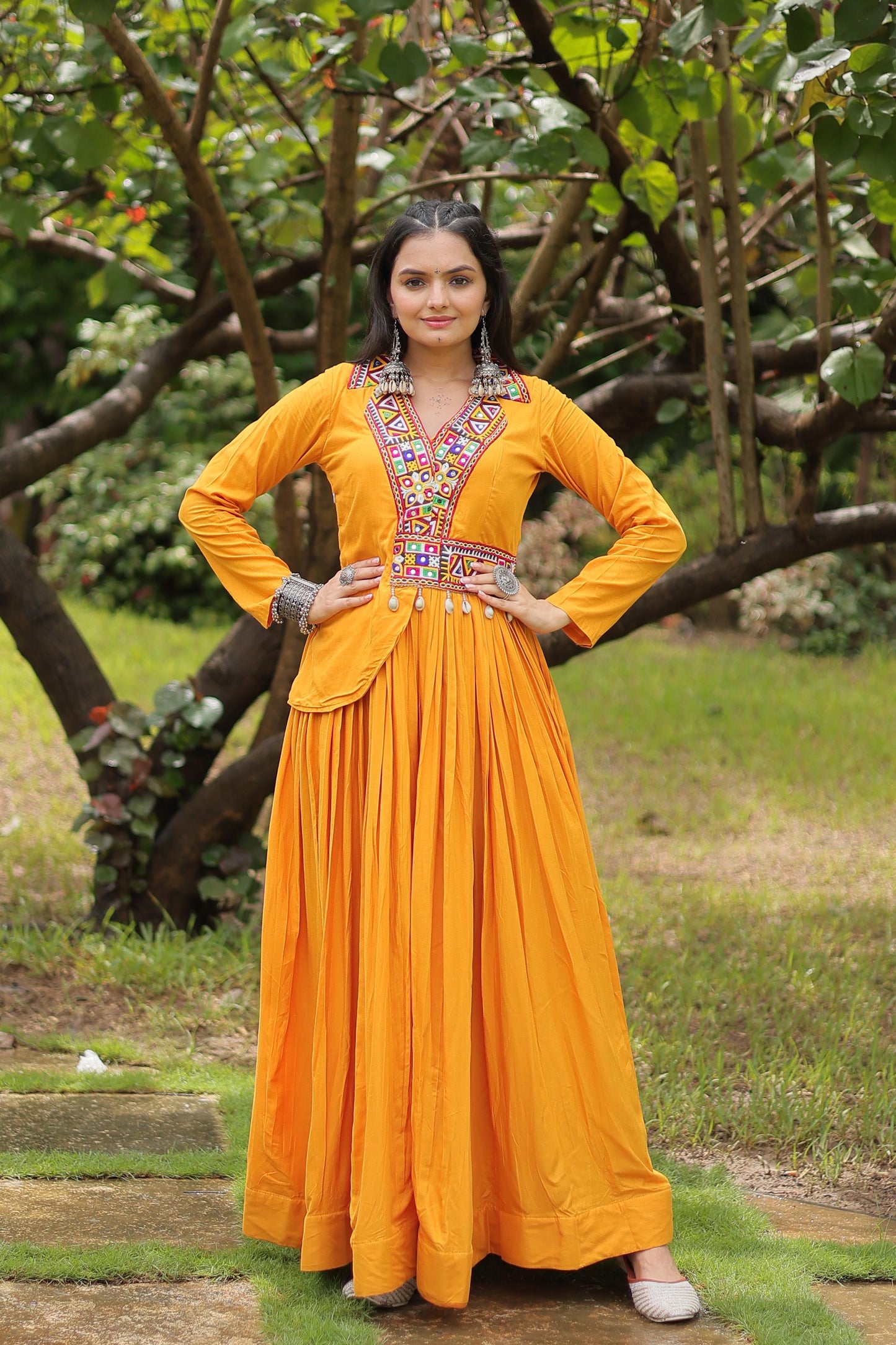 Lorenvalley Yellow Rayon Fabric With Kutchi Gamthi Work Gown