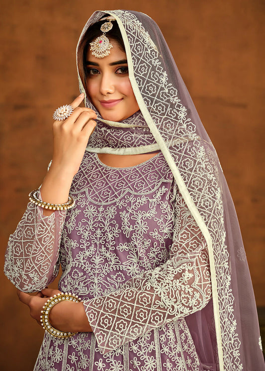 Purple All Over Embroidered Net Wedding Anarkali Suit - Emponline