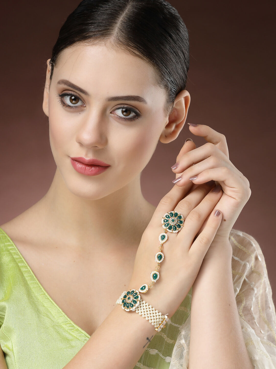 NVR Women's Green Gold-Polished Stone Studded Handcrafted Ring Bracelet