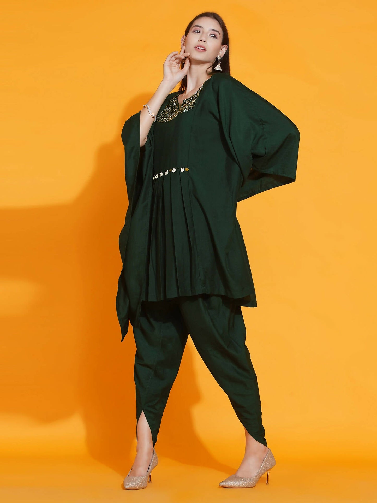 Women Republic Green Kaftan With Hand Embellishment And Dhoti Salwaar