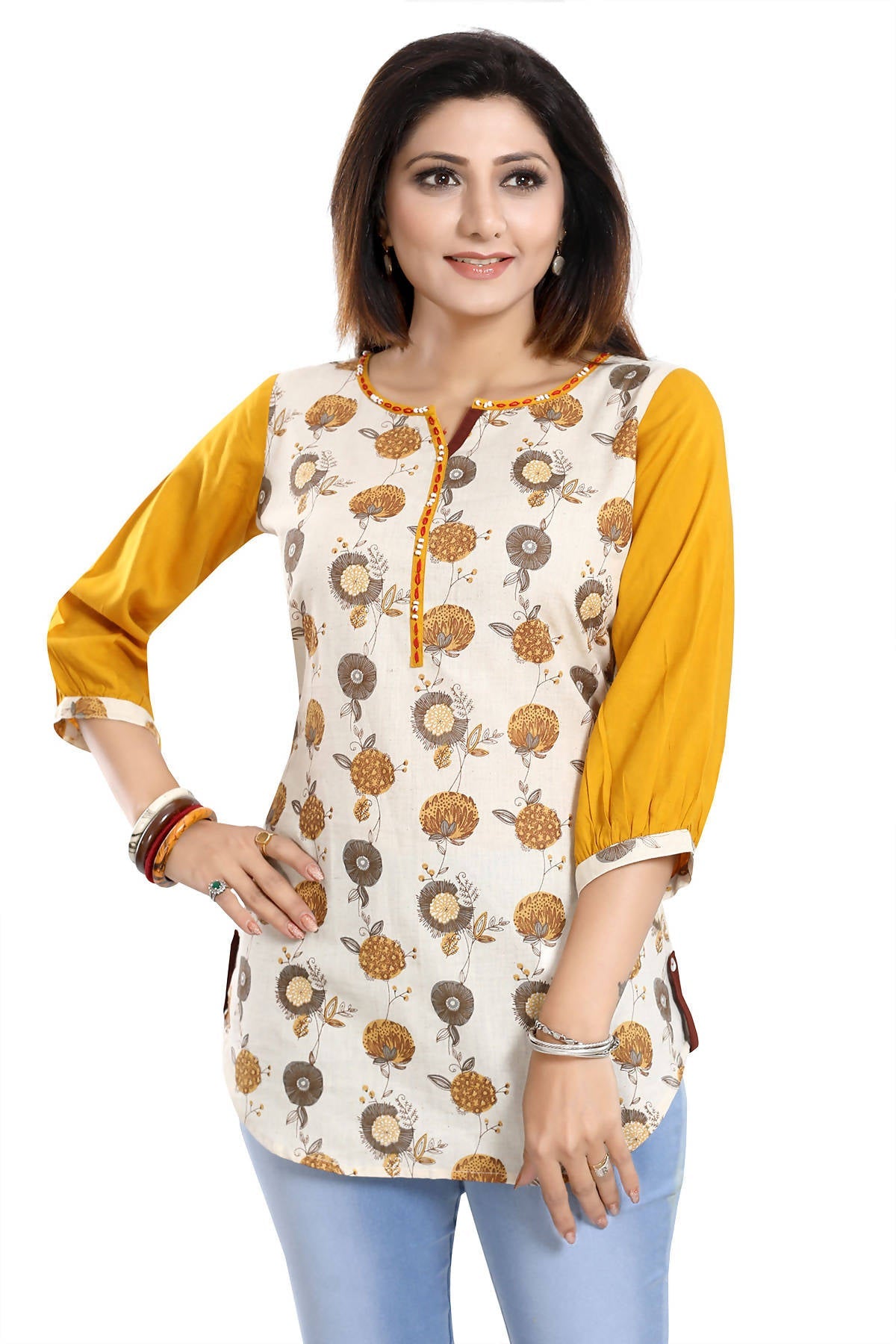 Snehal Creations Cream Cotton Printed Apple-Cut Short Tunic