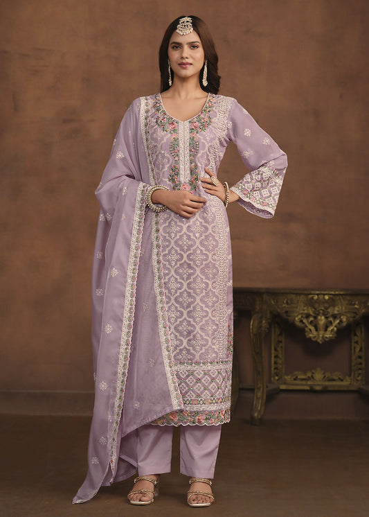 Lavender Soft Organza Embroidered Festive Salwar Suit - Emponline