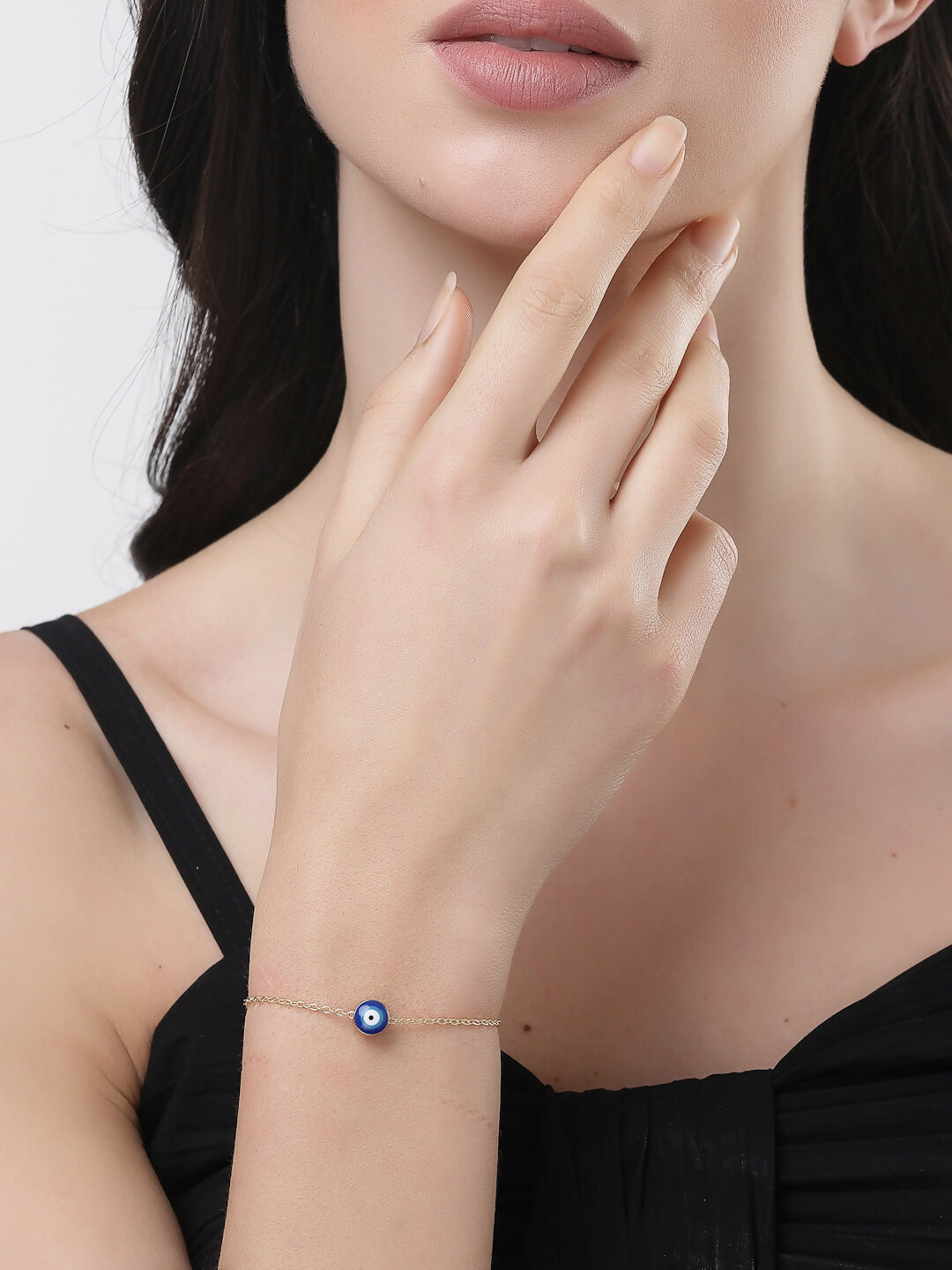 NVR Women Gold-Toned Blue Evil Eye Charm Bracelet