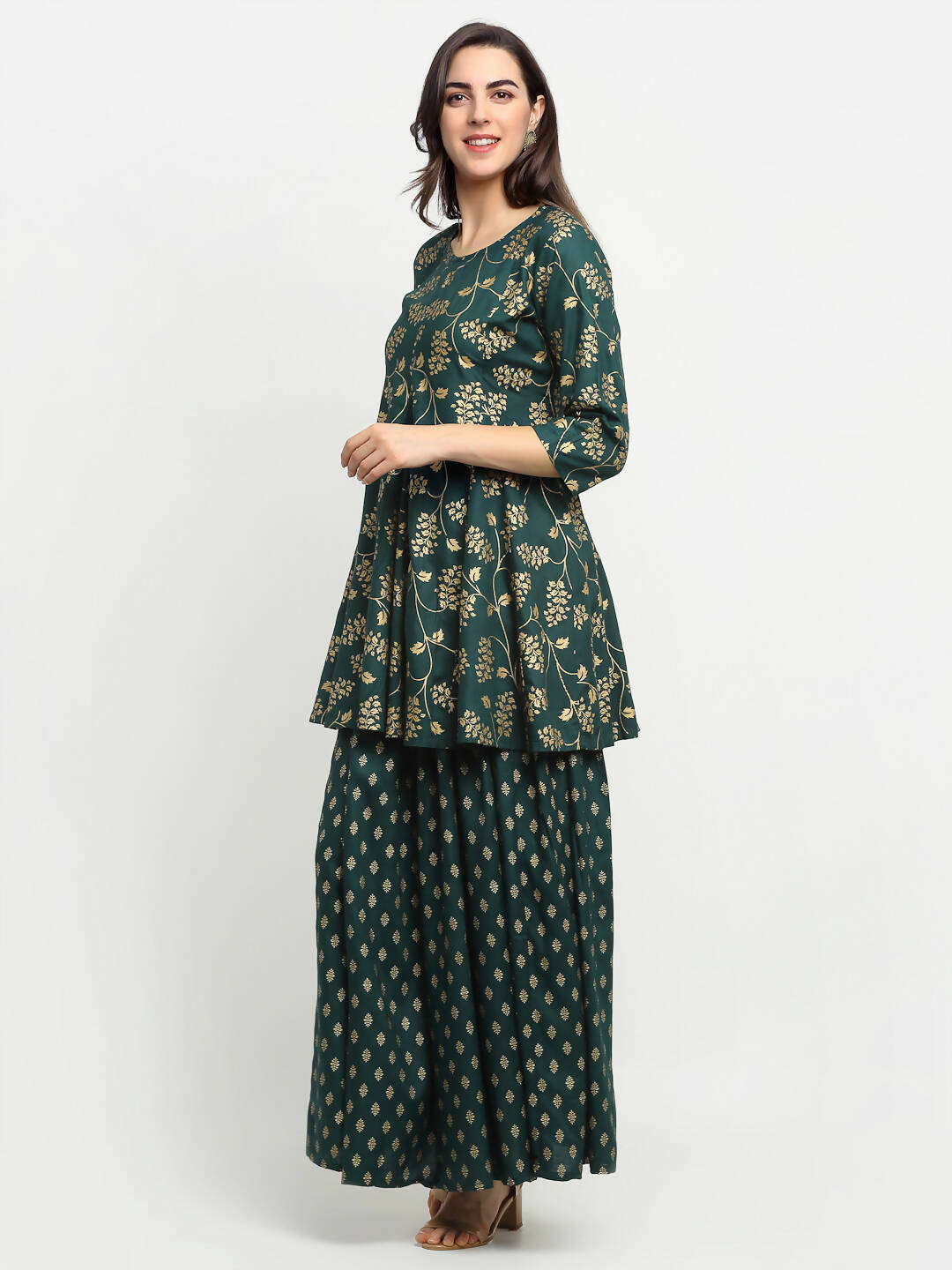 Rudra Bazaar Green Gold Printed Short Kurti With Skirt