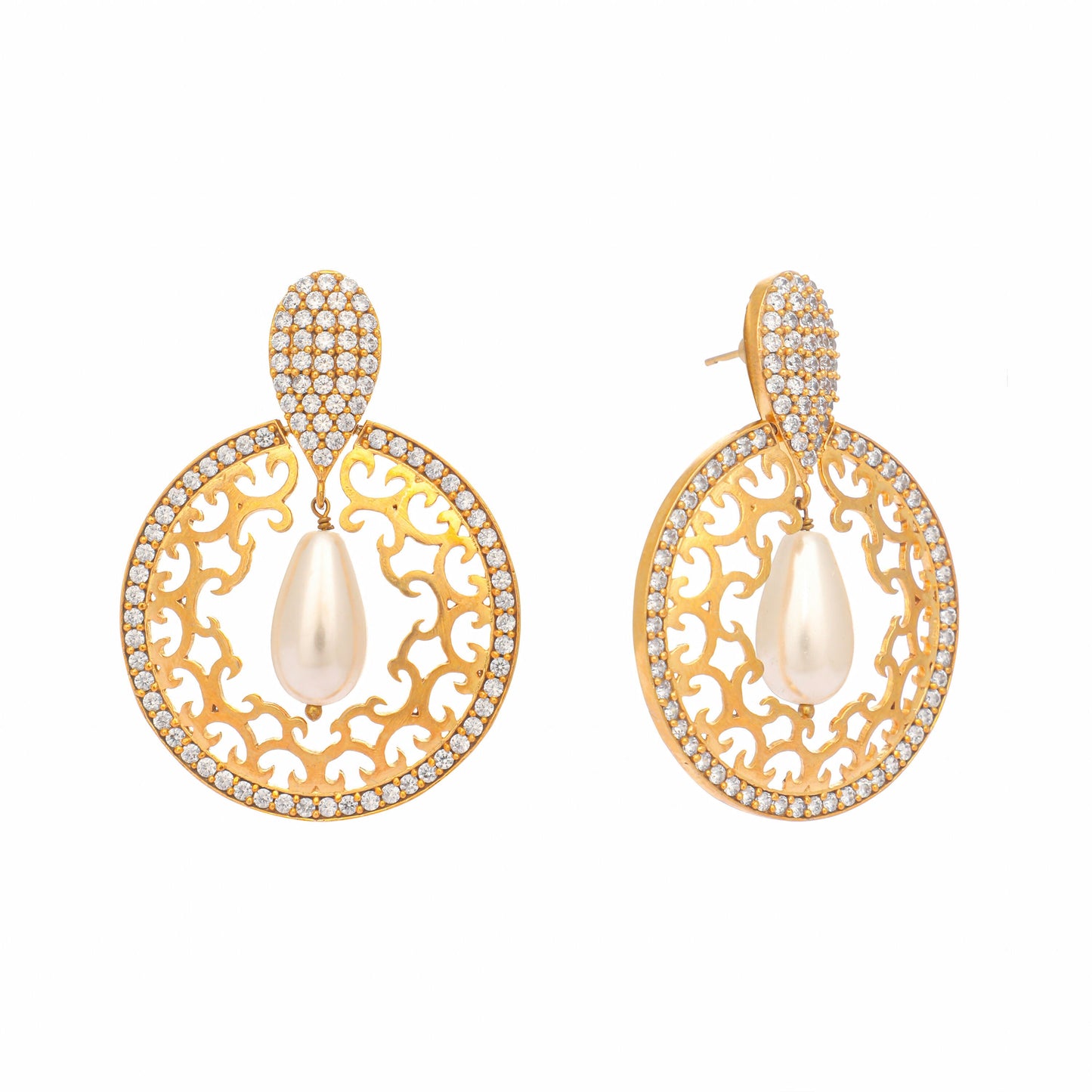Nuyug 22K Gold Plated Cubic Zirconia Studded Contemporary Moon Shaped Pearl Drop Chandbalis