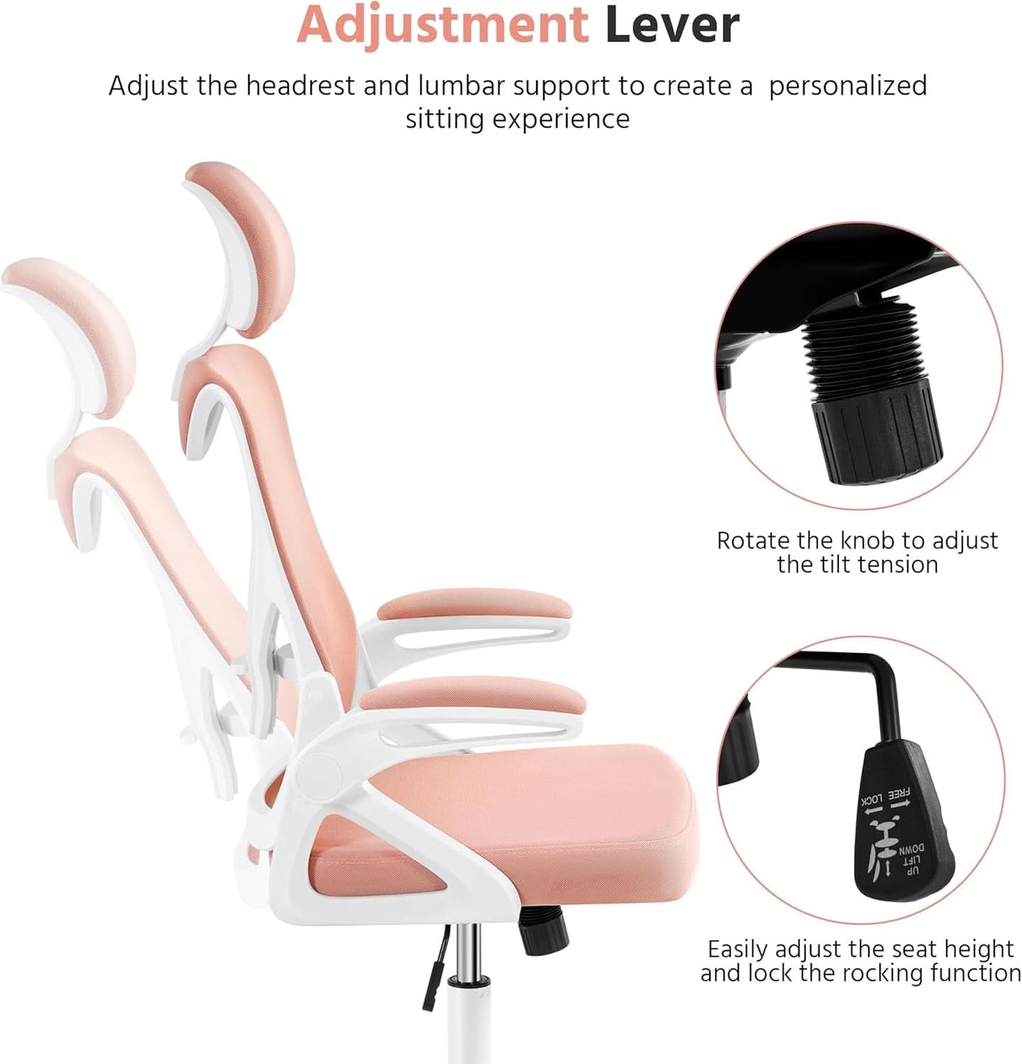 Ergonomic Office Chair High Back Mesh White Pink Lumbar