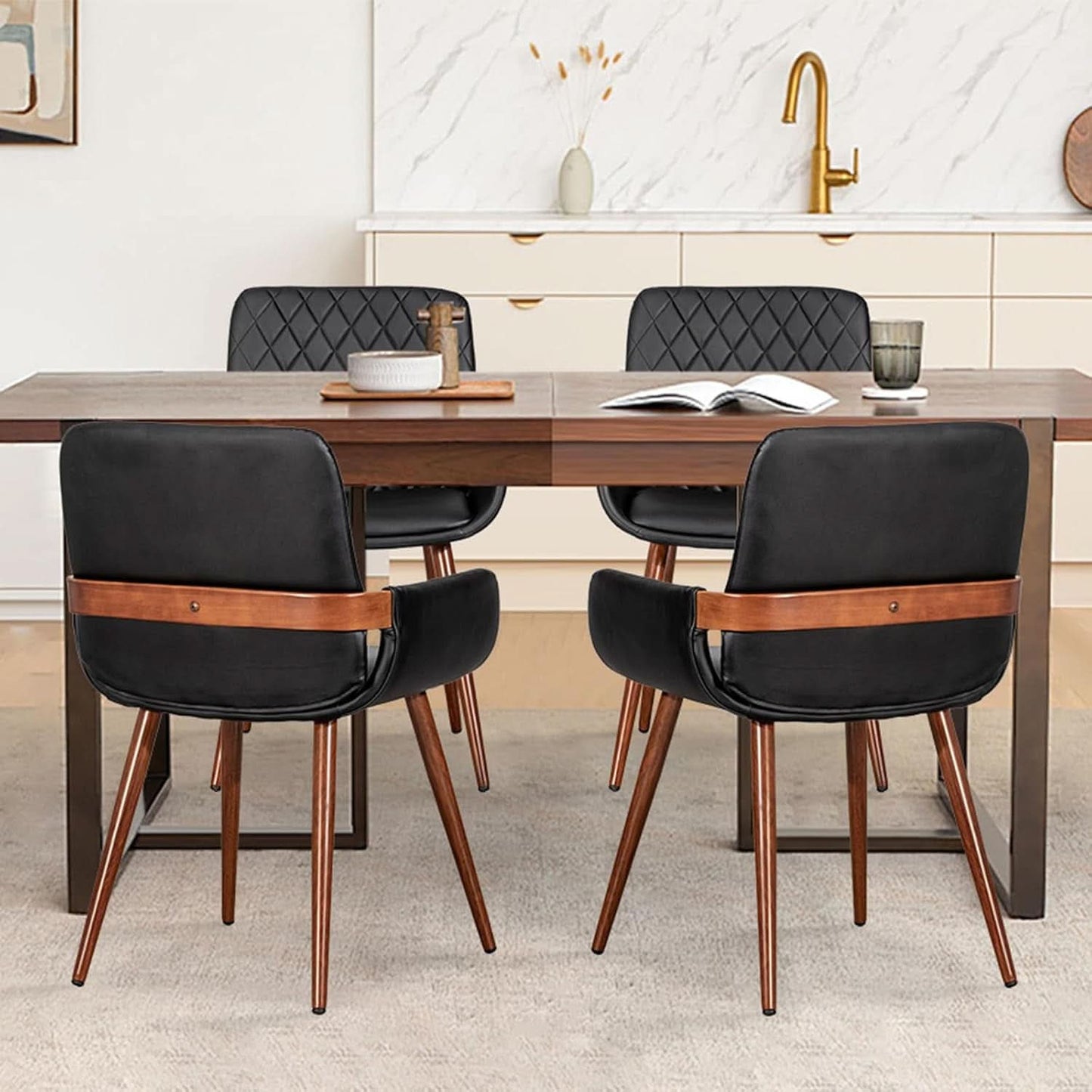 Mid Century Modern Faux Leather Dining Chairs Set 2 Black
