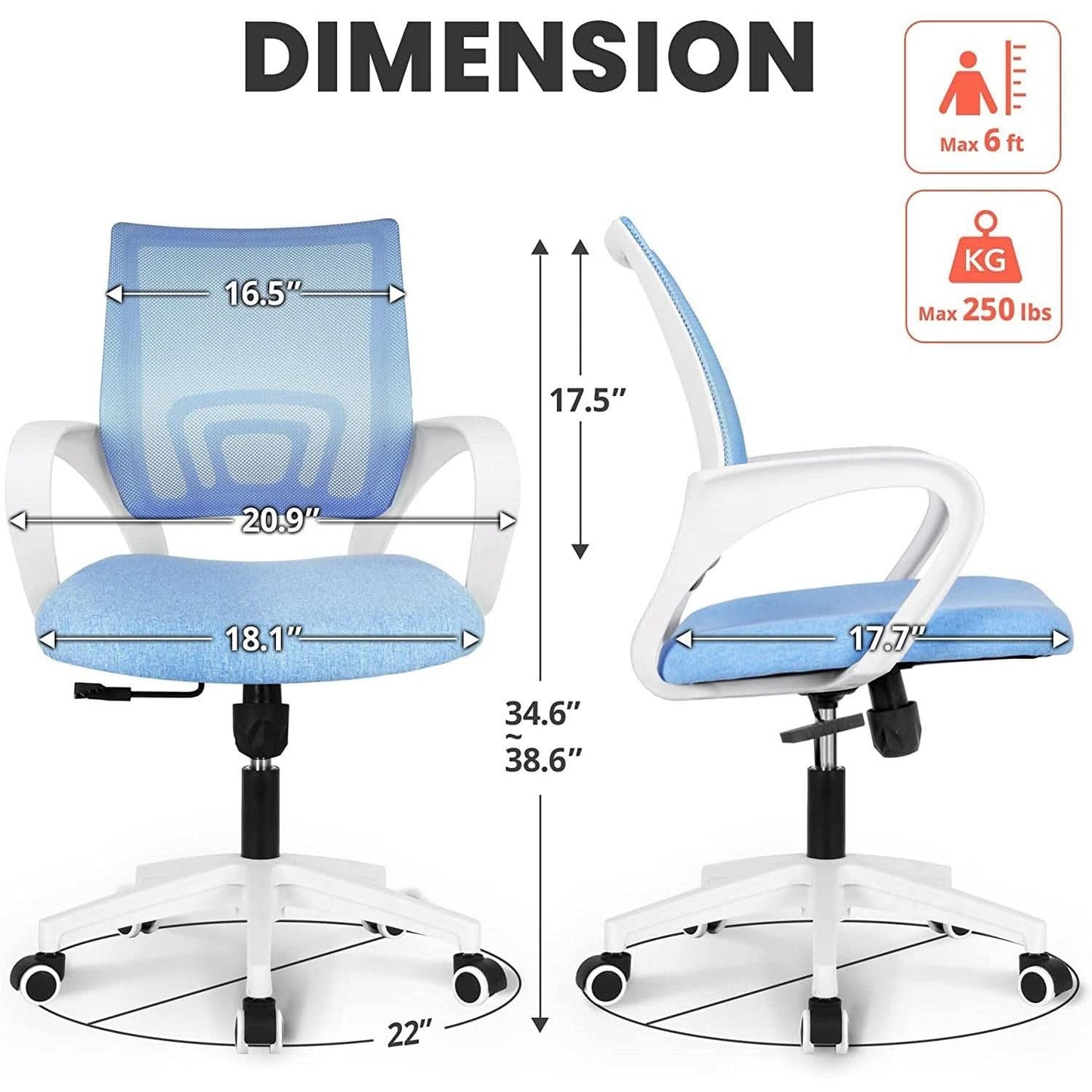 Ergonomic Blue Mesh Office Chair With Wheels Compact Size