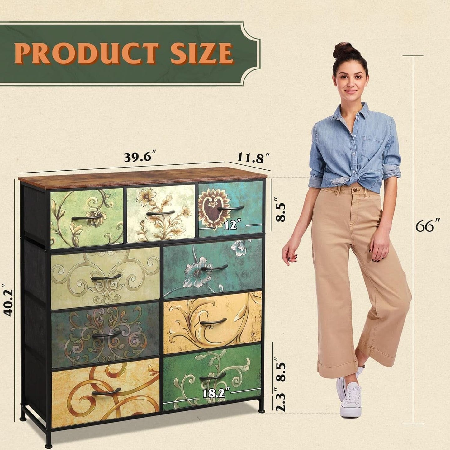 9 Drawer Dresser With Fabric Bins Floral Pattern Wood Top