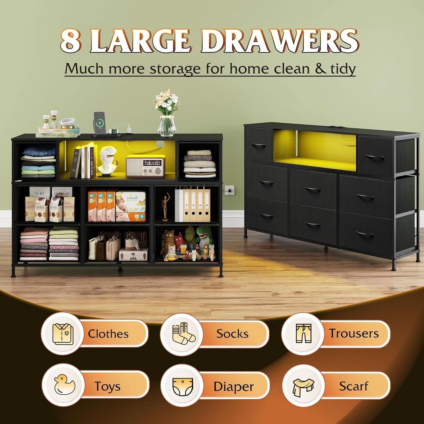 Black Fabric Dresser With Charging Station And LED Lights