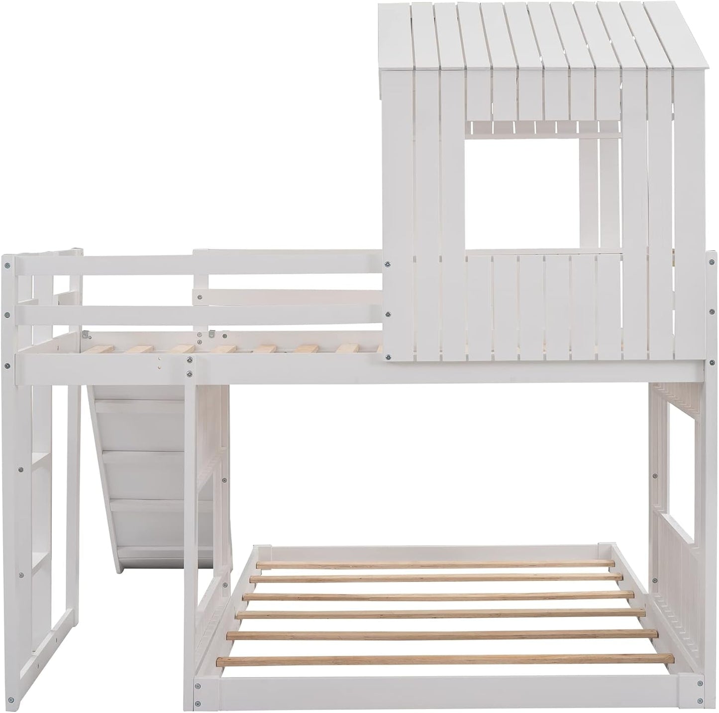 Twin Over Full Bunk Bed With Slide With Guardrails White