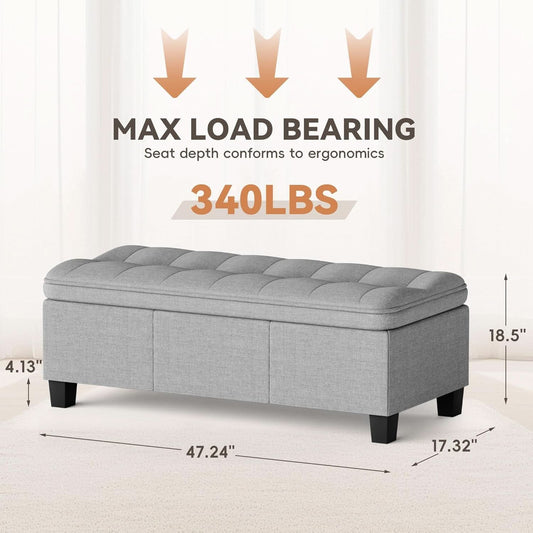 Forty Seven Inch Storage Ottoman Bench Linen Gray Fabric