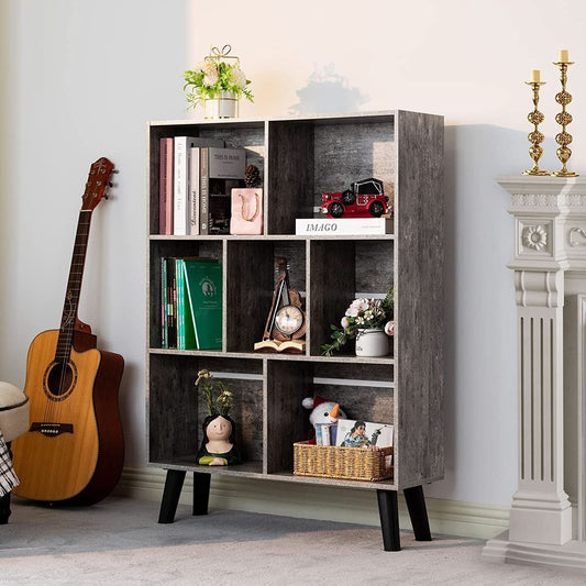 Three Tier Grey Bookshelf For Small Spaces With Crisscross