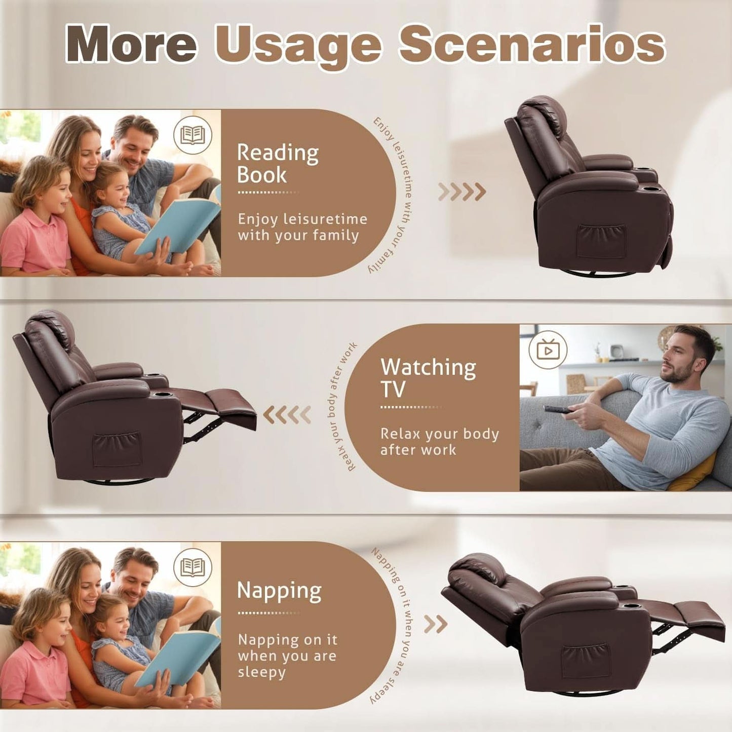 Dark Brown 360 Degree Swivel Recliner Chair With Massage