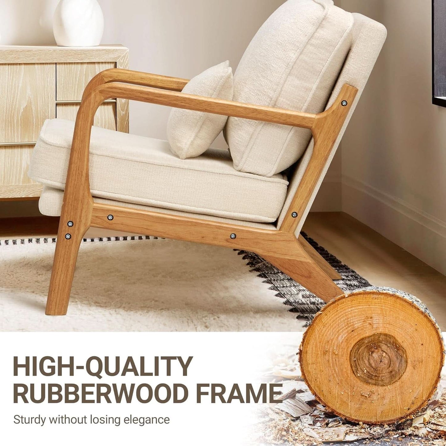 Beige Mid Century Accent Armchair Lumbar Support Pillow
