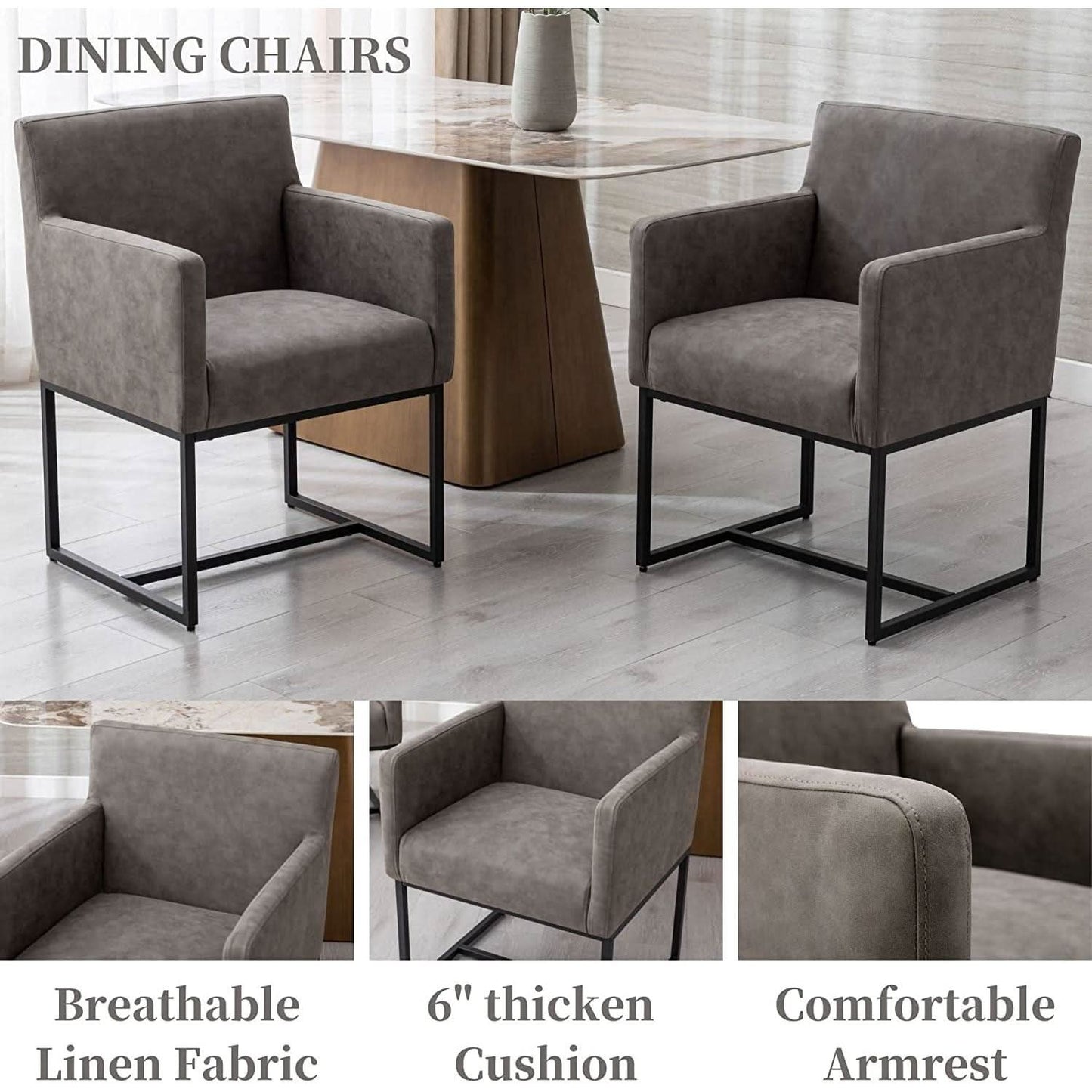 Set Of 4 Grey Upholstered Armchairs With Linen Fabric