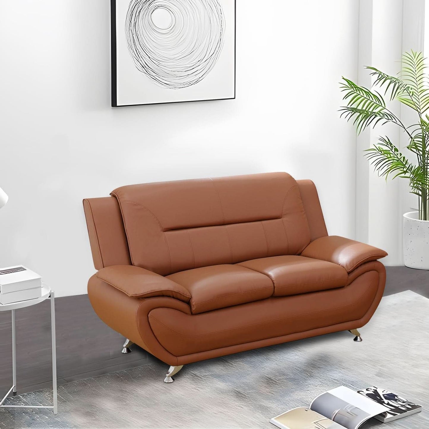 Faux Leather Two Piece Sofa Set In Orange With Wood Frame