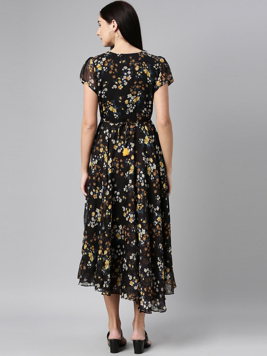 Souchii Women Black Floral Chiffon Maxi Dress