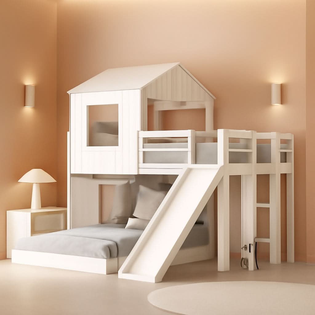 Twin Over Full Bunk Bed With Slide With Guardrails White