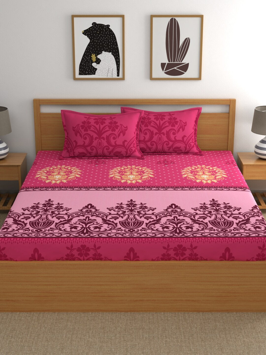 Dreamscape Pink & Cream-Coloured 140 TC Pure Cotton King Bedsheet with 2 Pillow Covers