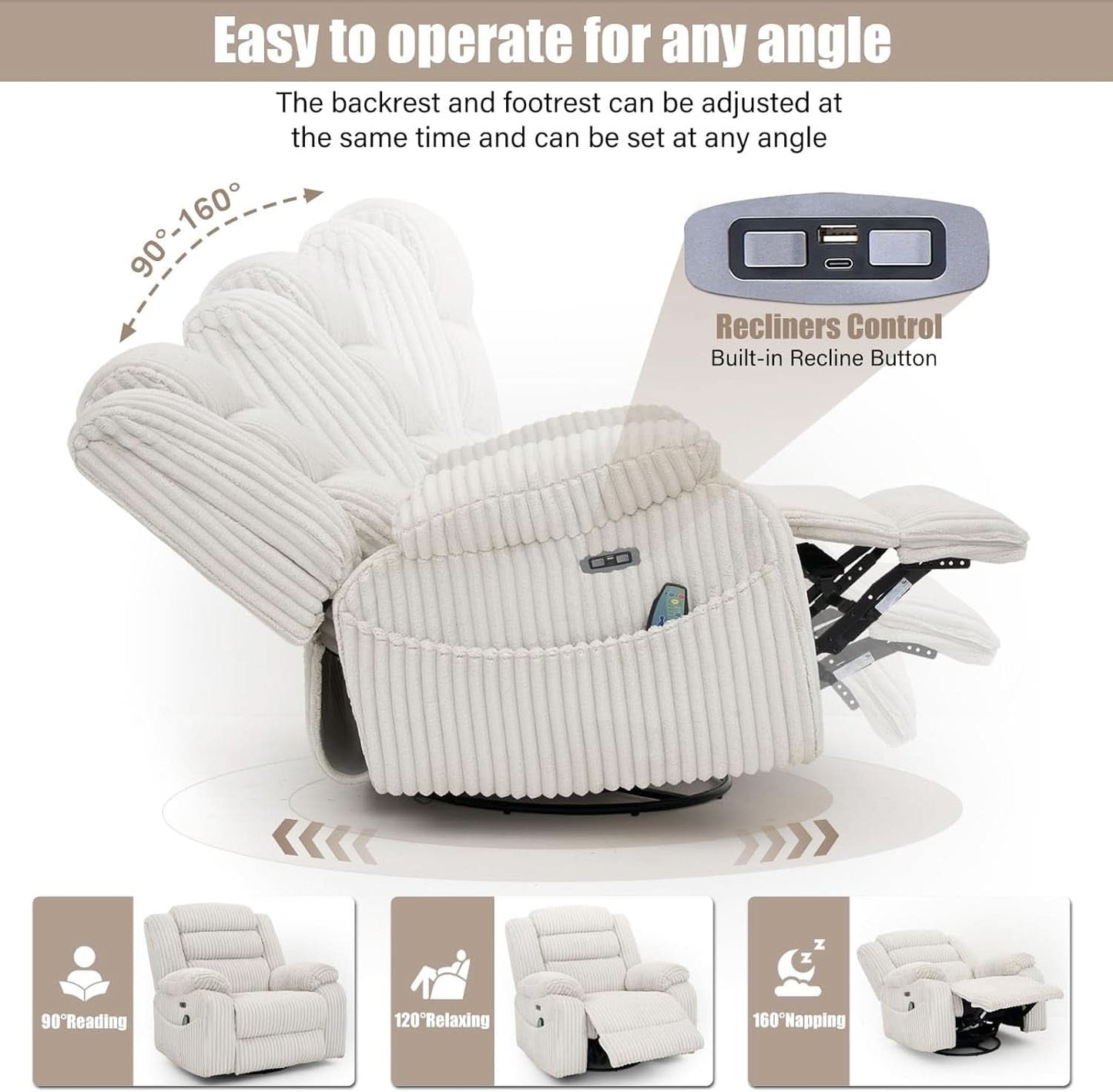 Power Swivel Rocker Recliner Chair With Massage And USB Charging White