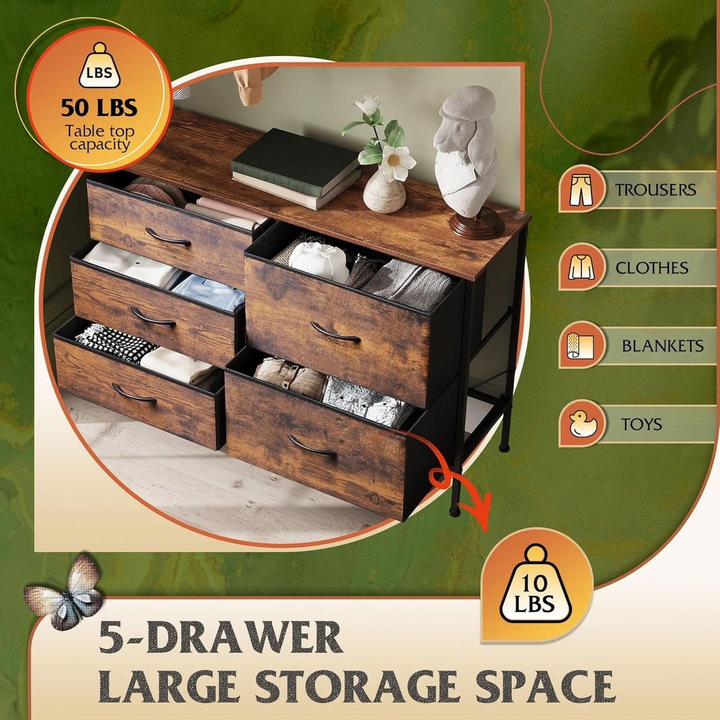 Rustic Brown Wood Grain 5 Drawer Dresser For Bedroom