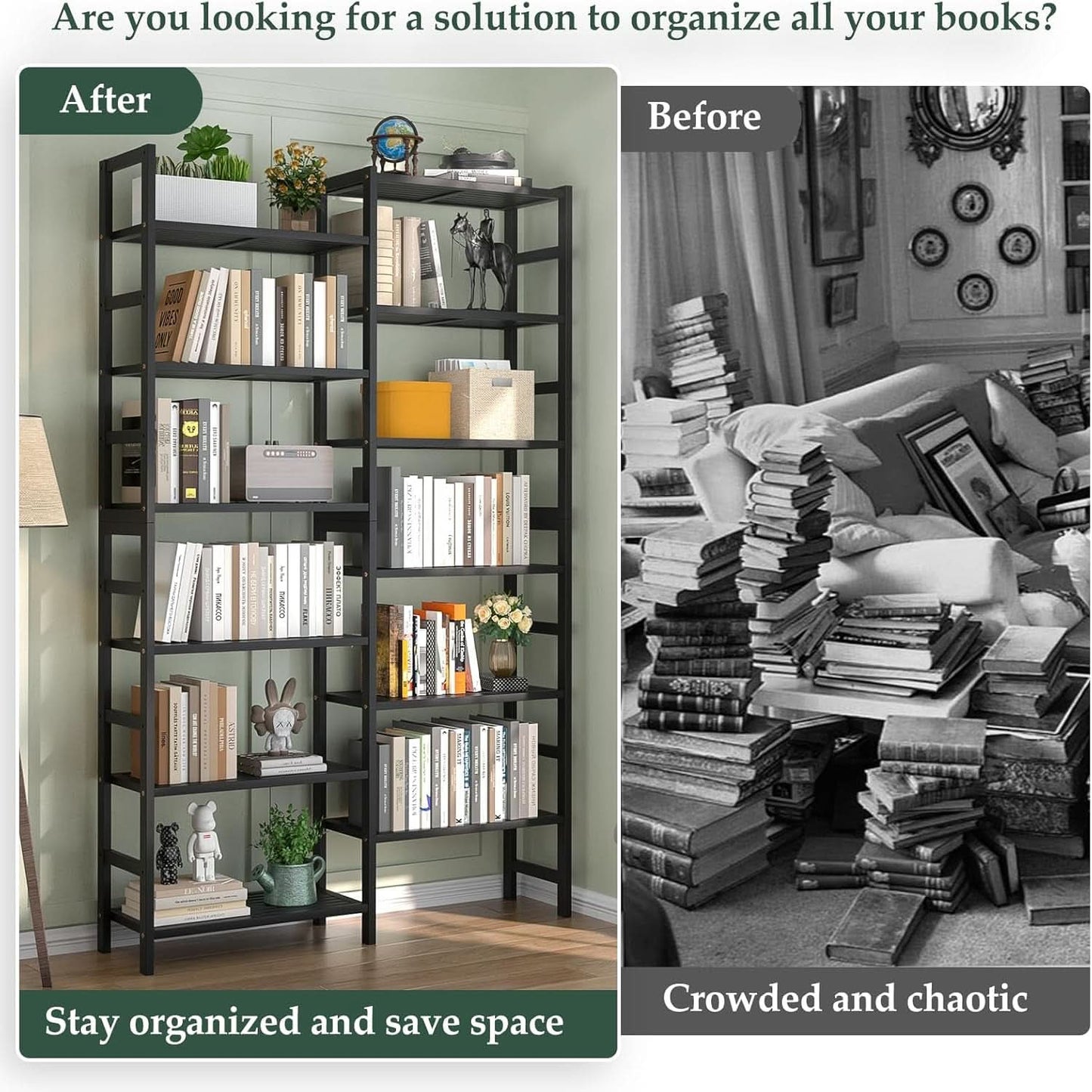 Double Wide Black Bookshelf Freestanding 6 Feet Tall
