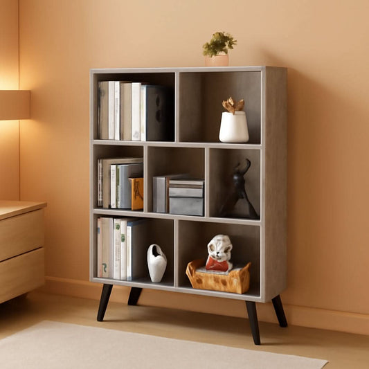 Three Tier Grey Bookshelf For Small Spaces With Crisscross