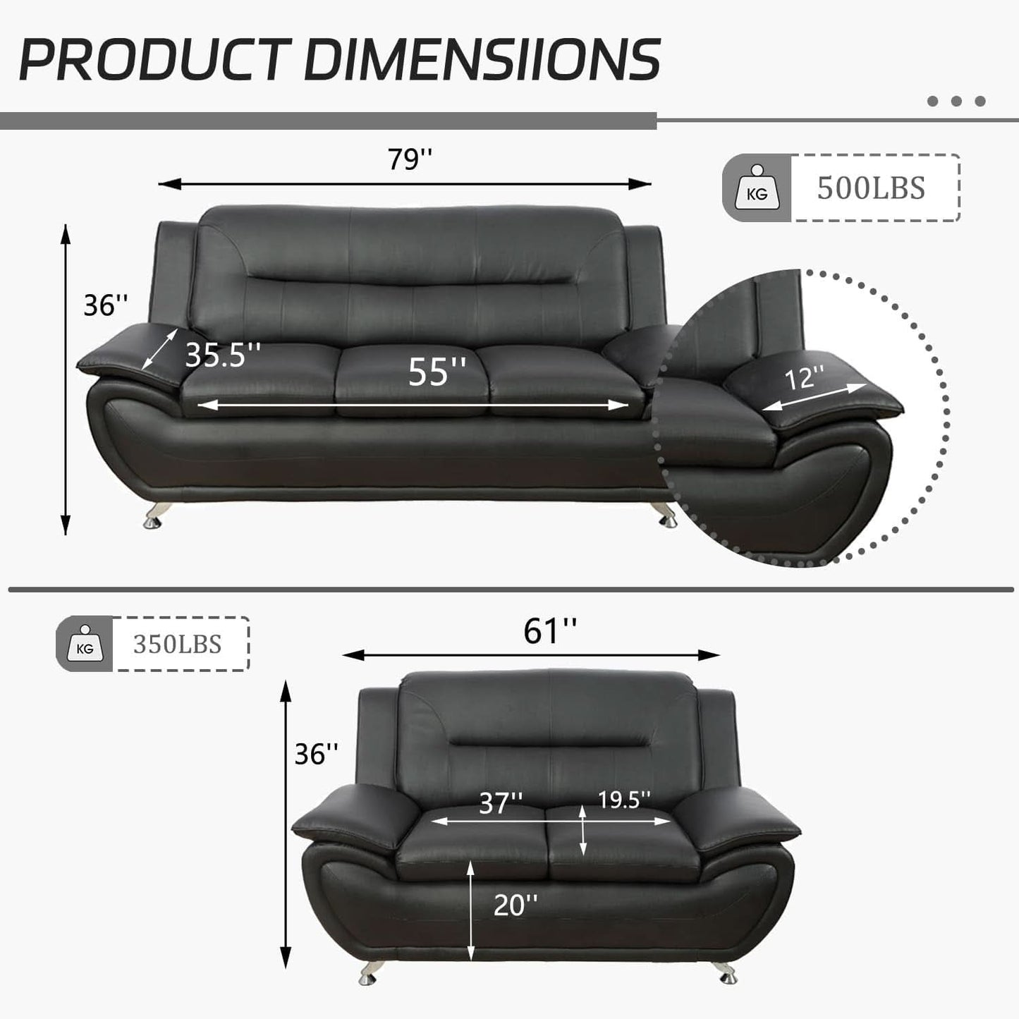 Black Faux Leather Sofa Loveseat 2 Piece Living Room Set