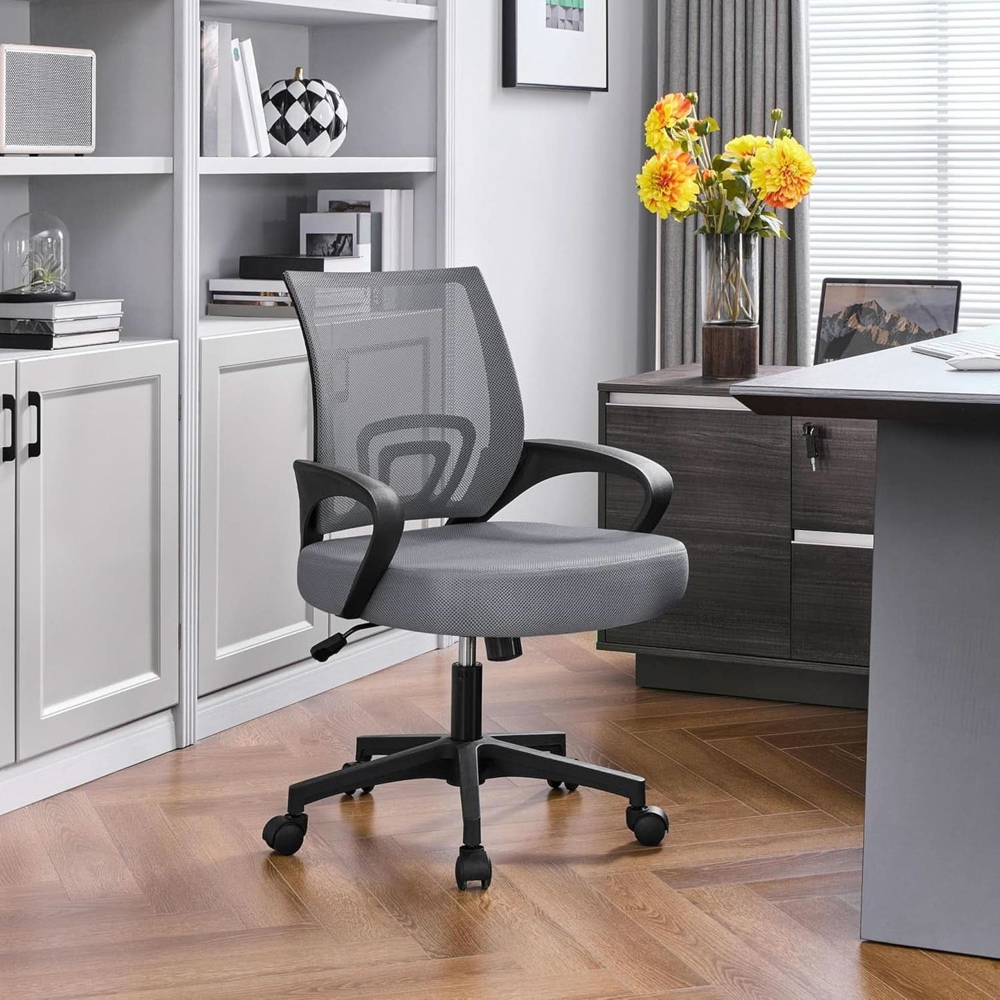 Dark Grey Ergonomic Mesh Office Chair With Lumbar Support Mid Back