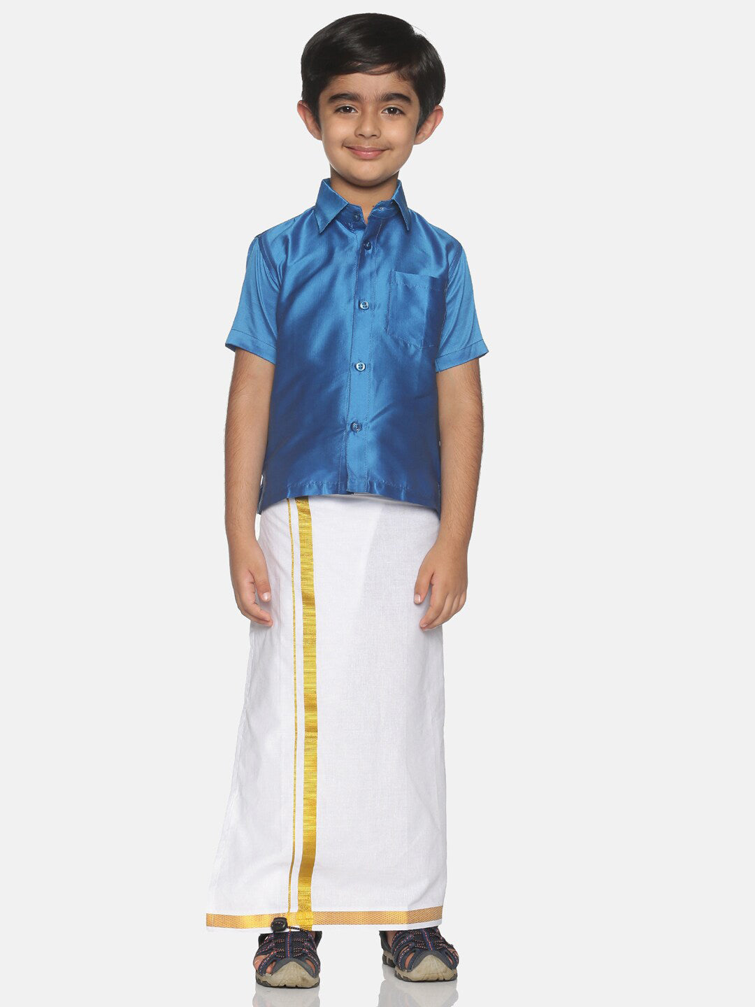 Sethukrishna Blue & White Solid Shirt and Veshti Set For Boys