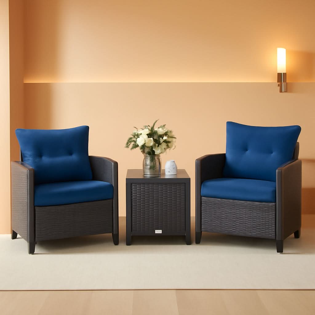 Three Piece Patio Furniture Set With Washable Cushions And Tempered Glass Tabletop Navy Blue