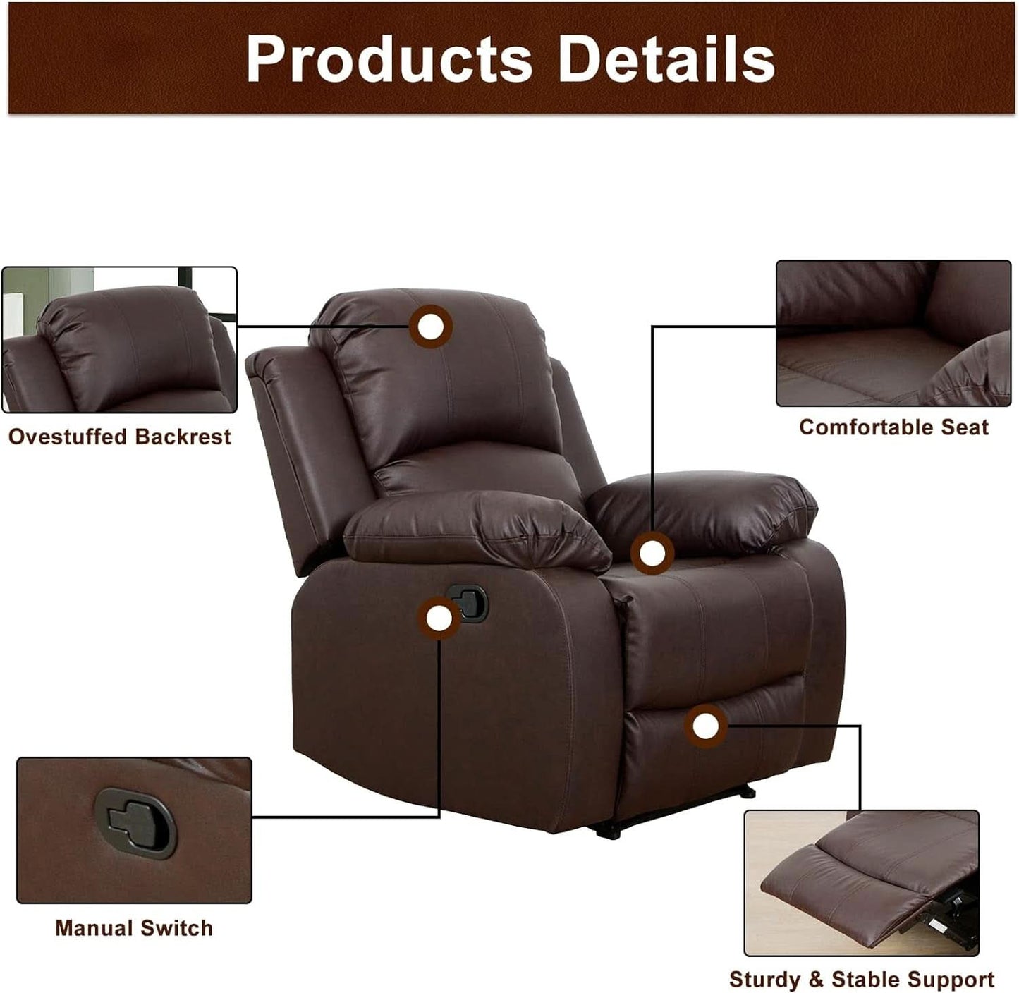 Brown Leather 3 Piece Recliner Sofa Living Room Set
