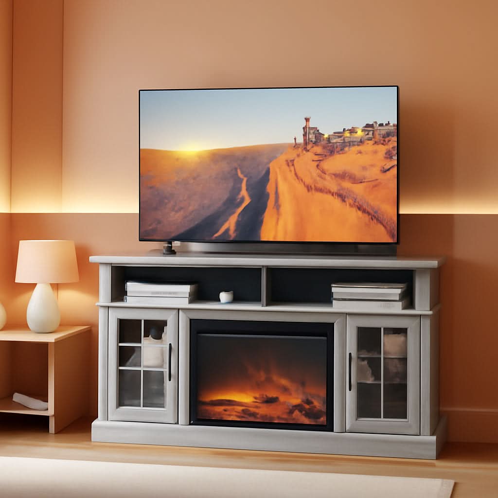 58 Inch Rustic TV Stand With Electric Fireplace And Storage