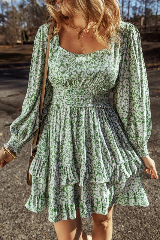 Elegant Ruffle Hem Floral Mini Dress Square Neck Long Sleeve Romantic Dress