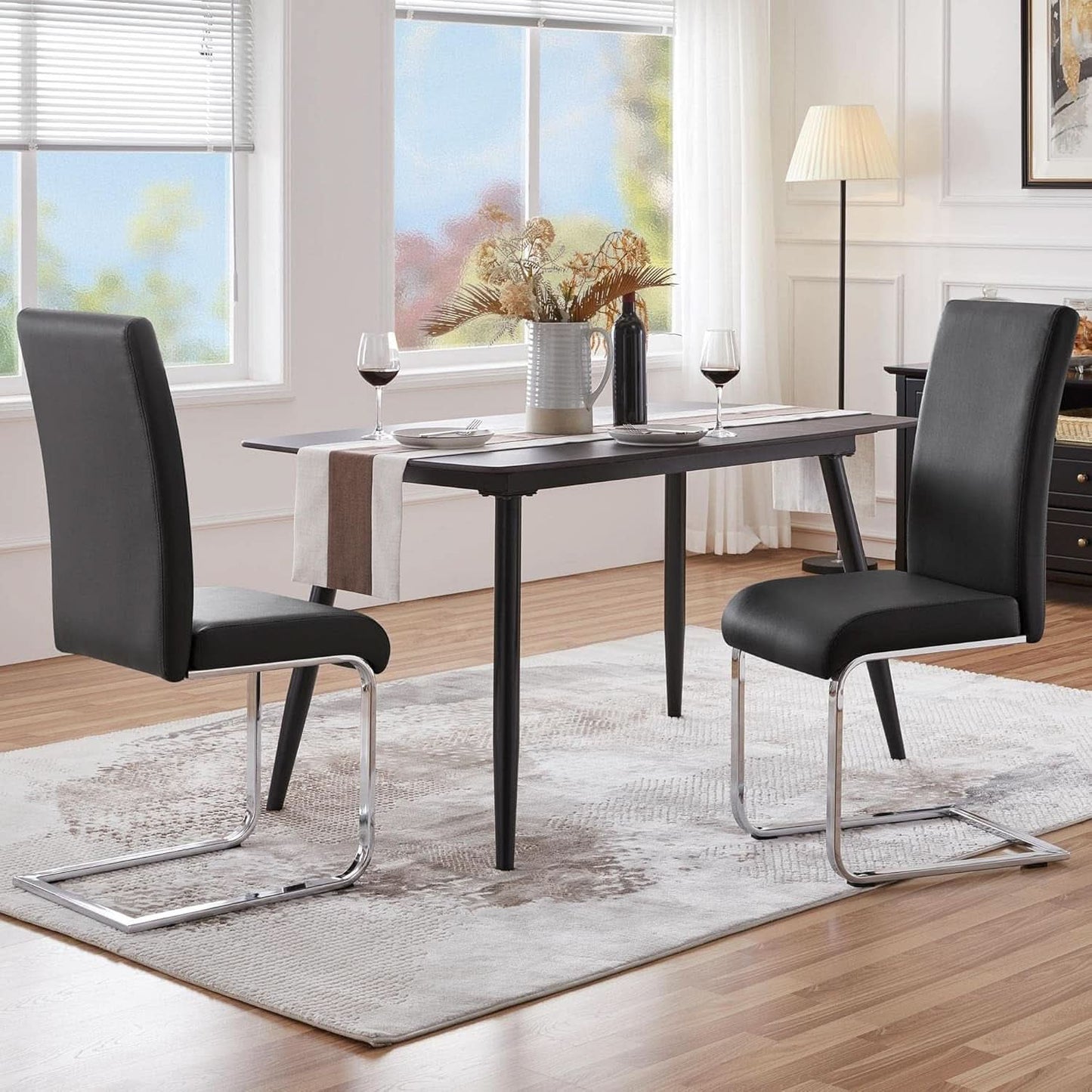 Leather Upholstered Dining Chairs Set Of 2 With Metal Legs Black