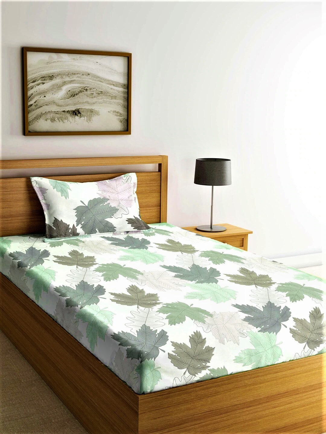 Home Sizzler White & Green Floral 210 TC Bedsheet with Pillow Covers