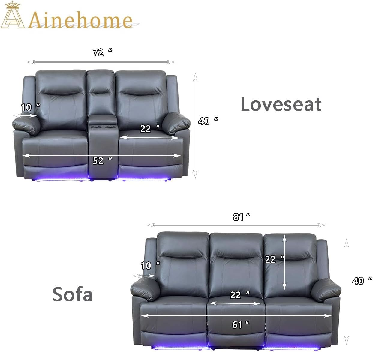 Power Leather Recliner Sofa Set Grey LED Lights Modern