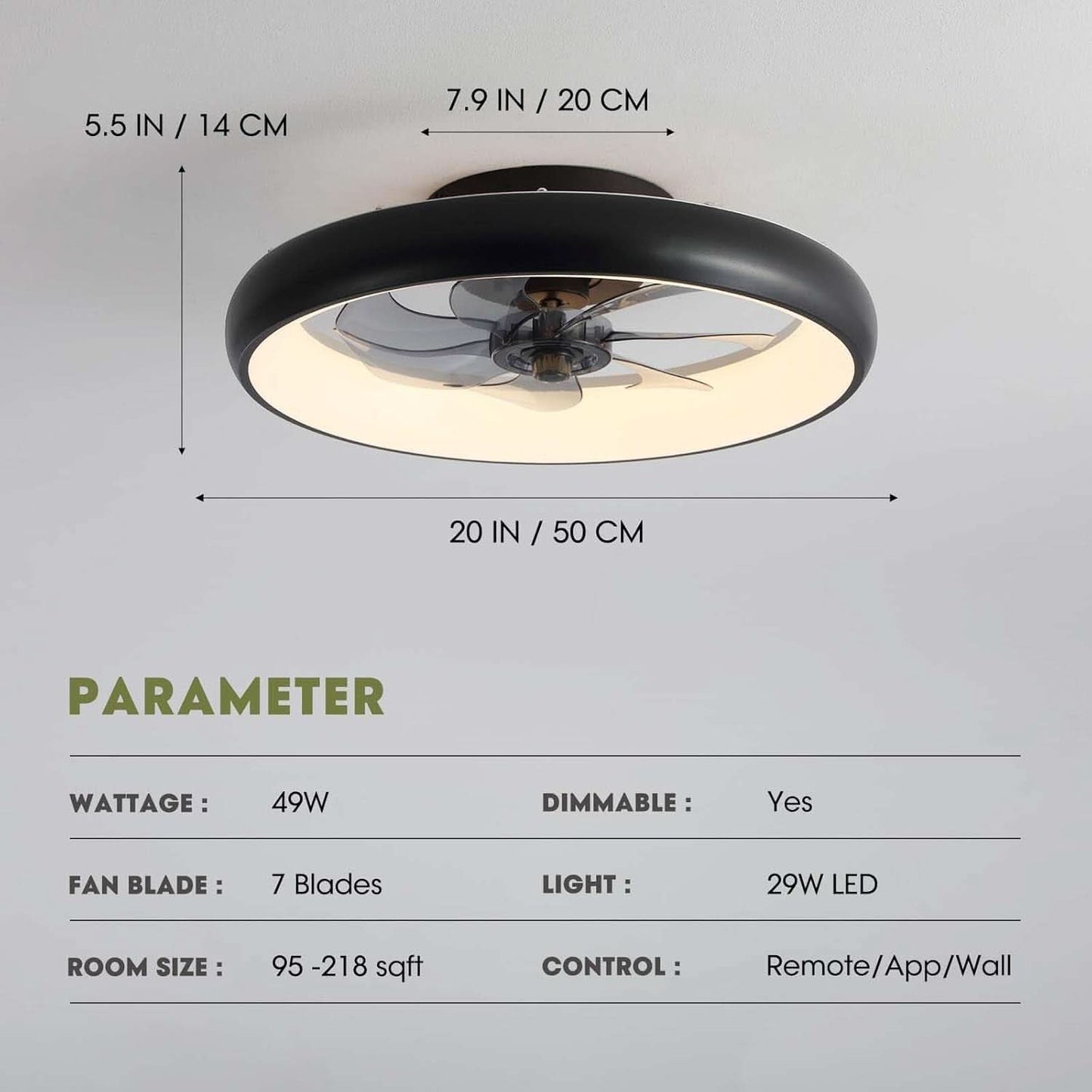 20 Inch Black Flush Mount Smart Ceiling Fan With LED Lights