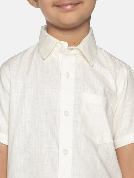 Sethukrishna Boys Cream-Coloured Solid Shirt with Veshti Set