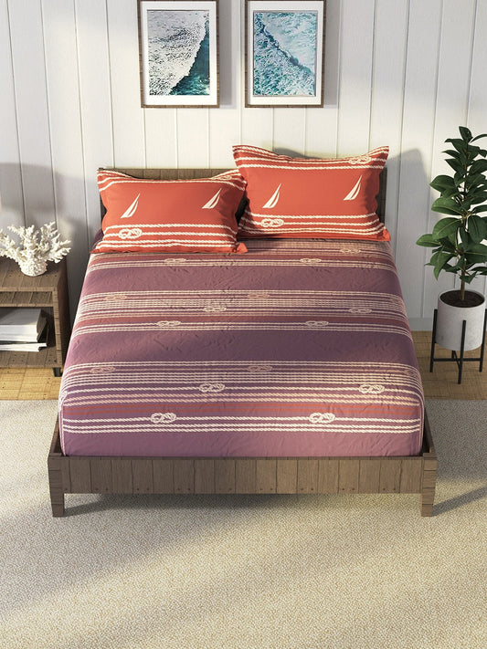 Nautica Purple & Orange Striped Cotton 160 TC King Bedsheet With 2 Pillow Covers