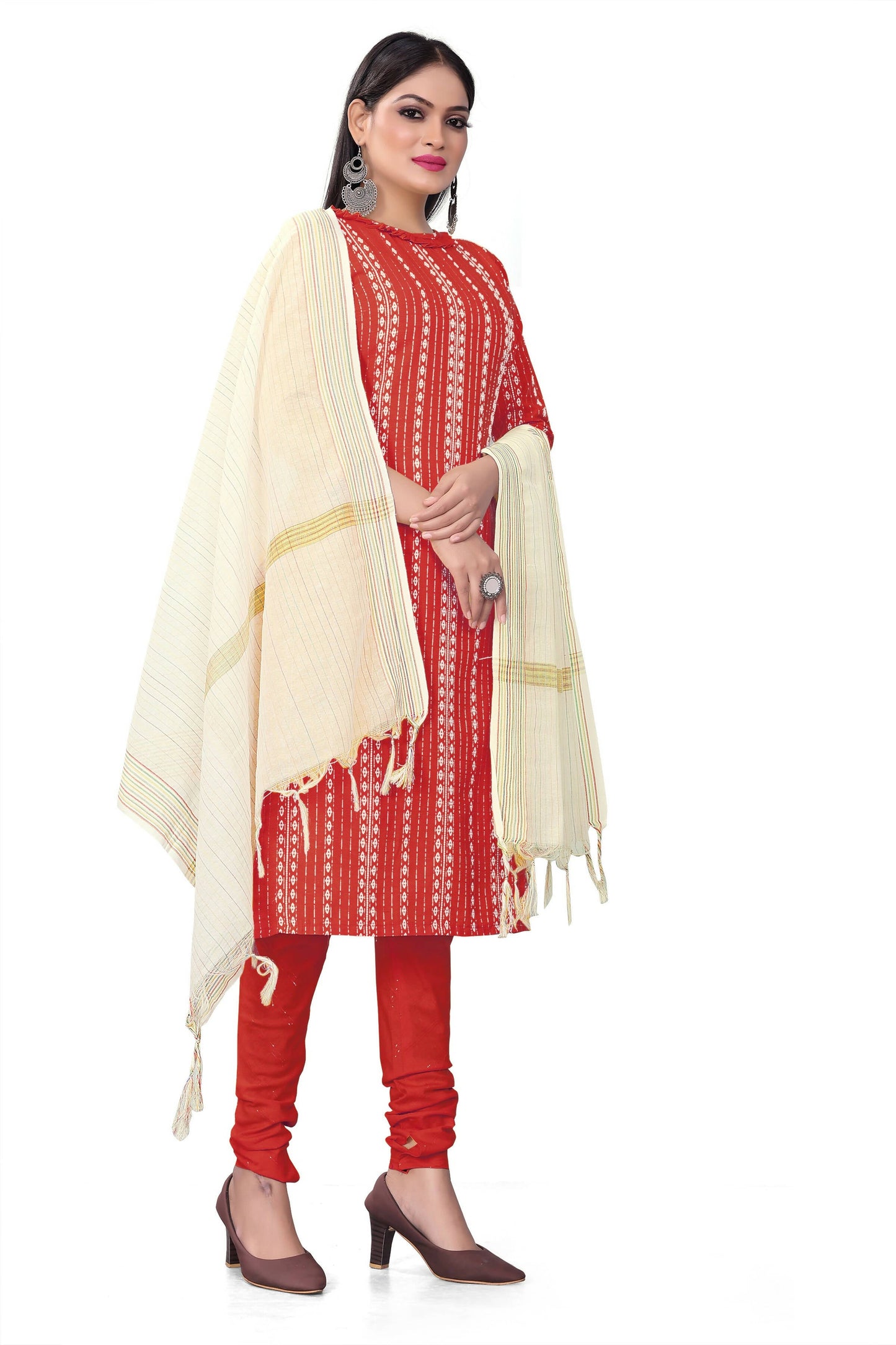Red Cotton Jacquard Woven Unstitched Dress Material - Amara