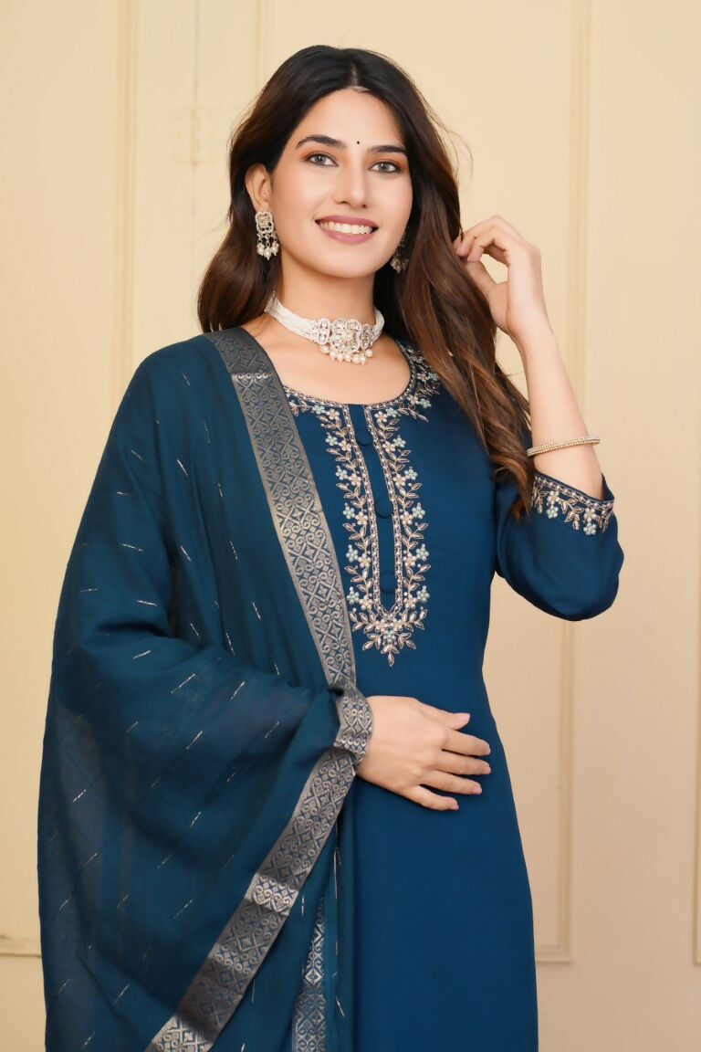Blue Viscose Chanderi Embroidered Stitched Suit With Dupatta - Tanisha