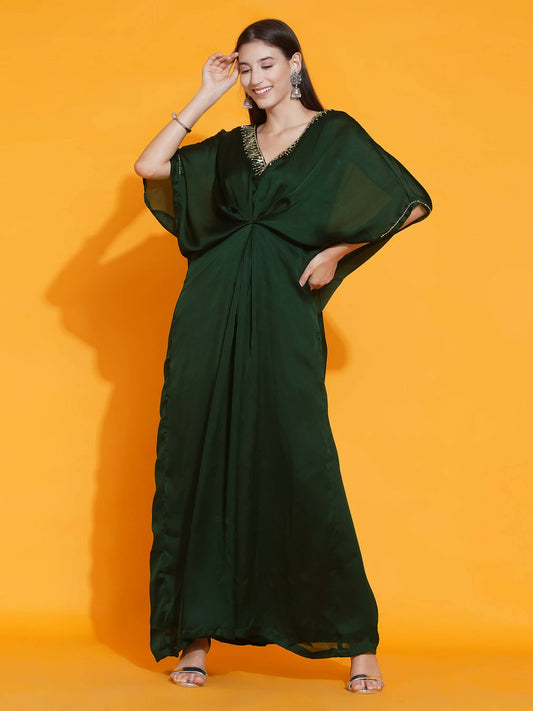 Women Republic Green Georgette Hand Embellished Kaftan Style Gown
