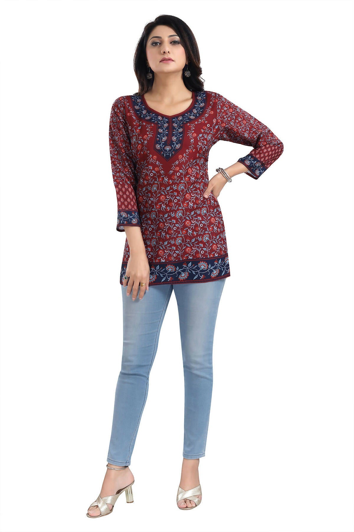 Snehal Creations Magical Maroon Summer Cool Printed Short Kurti Tunic Top