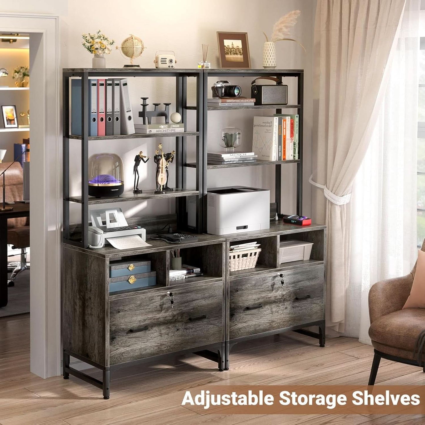 Grey File Cabinet With Charging Station And Locking Drawer