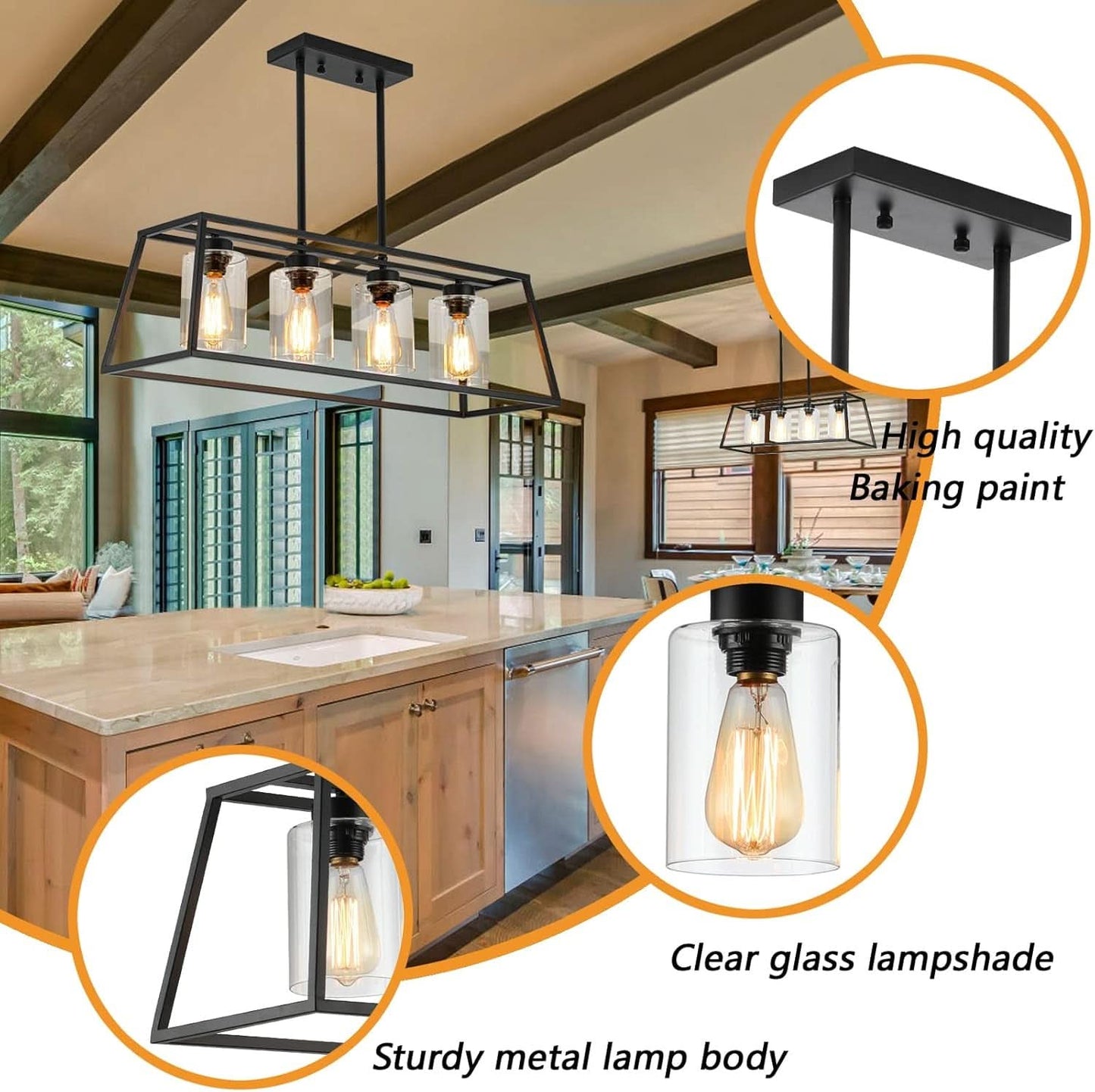Black Farmhouse Linear Chandelier 4 Light For Dining Room