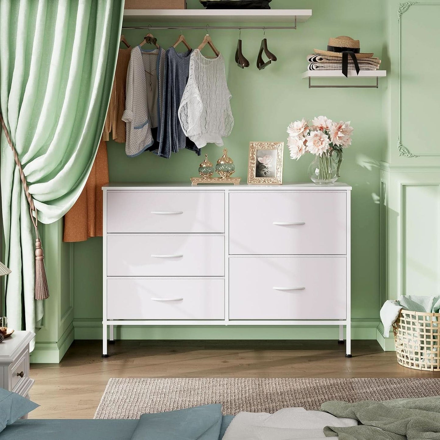 Fabric Dresser With 5 Drawers White For Bedroom Storage Organizer