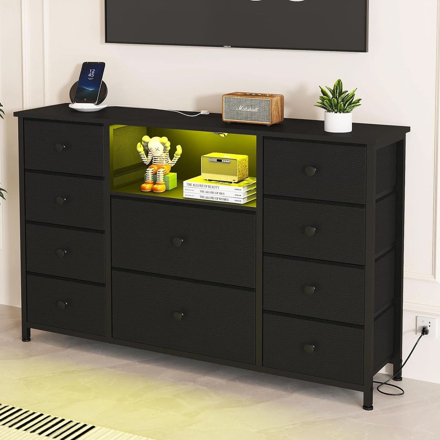 Black Dresser With Charging Station And LED Lights