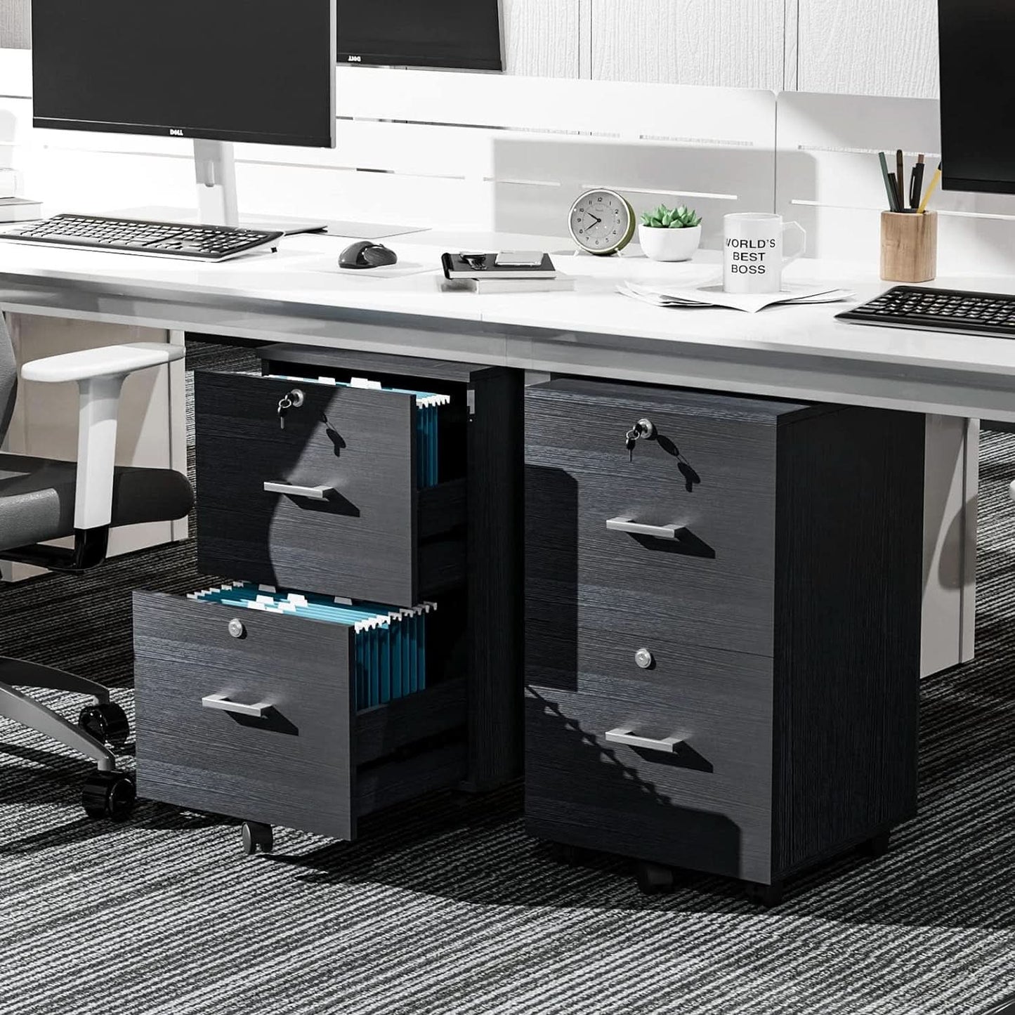 2 Drawer Rolling File Cabinet With Lock For Letter Size Folders Under Desk Black